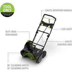 Greenworks 80V (75+ Compatible Tools) 20” Brushless Cordless Snow Blower, Tool Only