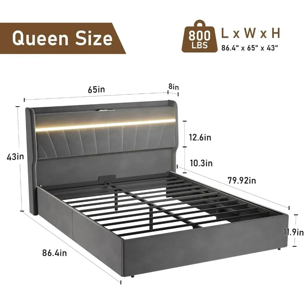 Queen Bed Frame with Headboard, Bed Frame with Type C & USB Charging Port,  Lift Up Storage Bed Frame with Led Lights