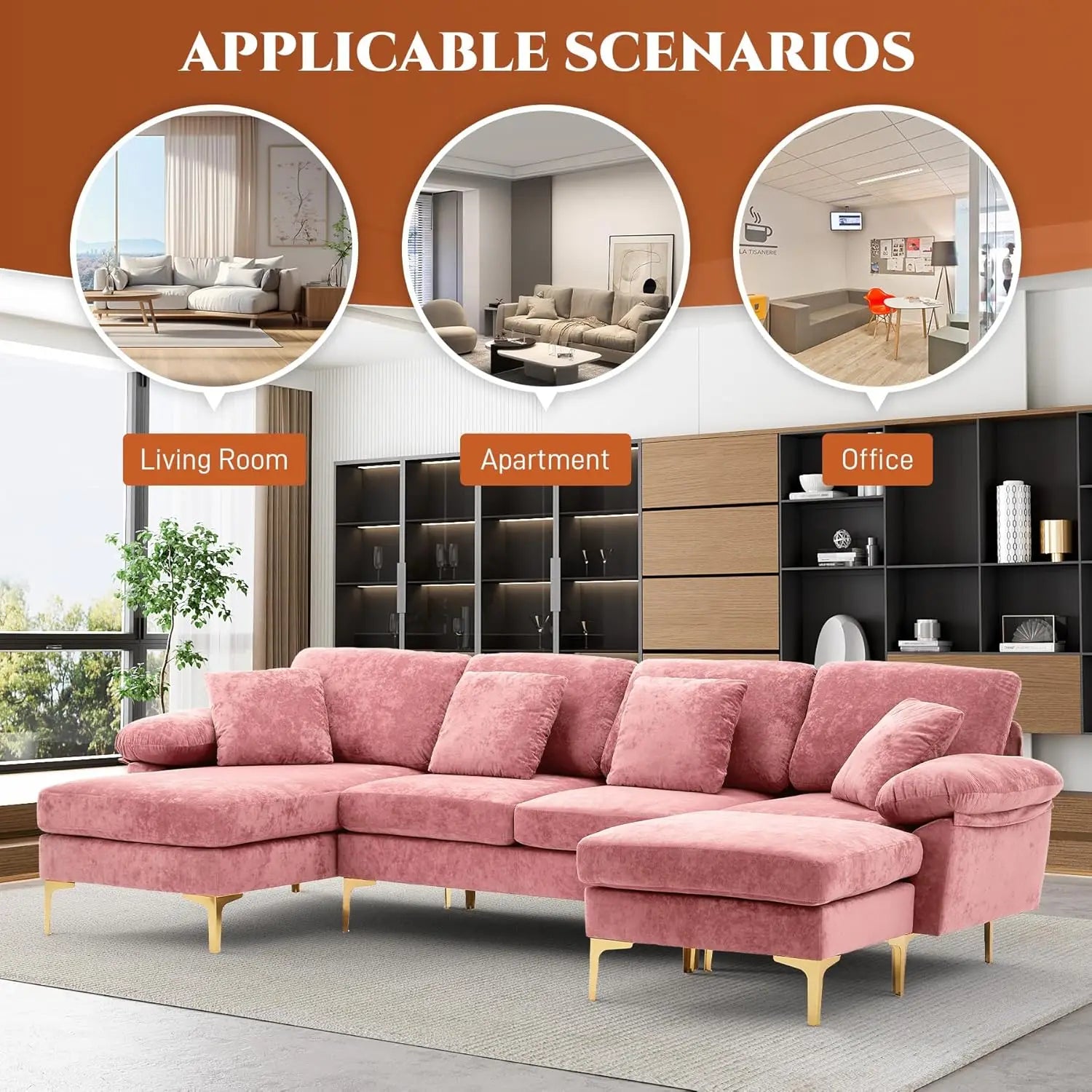 U-Shaped Sectional Sofa Couch, 4 Seat Sofa Set for Living Room, Convertible L-Shaped Velvet Couch Set with Chaise Lounge