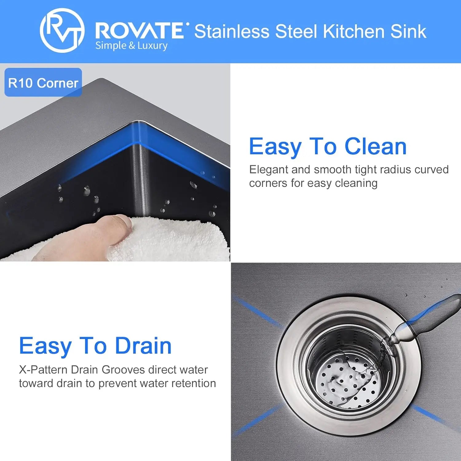 ROVATE 25x22 Inch Drop In Black Kitchen Sink 9 Inch Deep Single Bowl Laundry Utility Stainless Steel Outdoor Sink