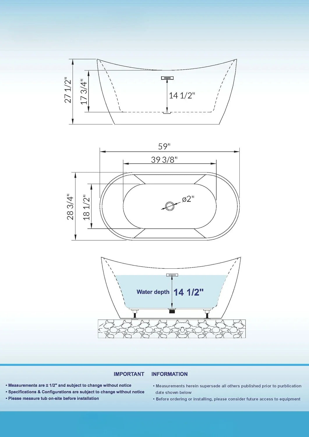 59"Freestanding White Acylic Soaking Bathtub with Brushed Overflow Easy clean, easy maintenance 59"L x 28.75"W x 27.5"H