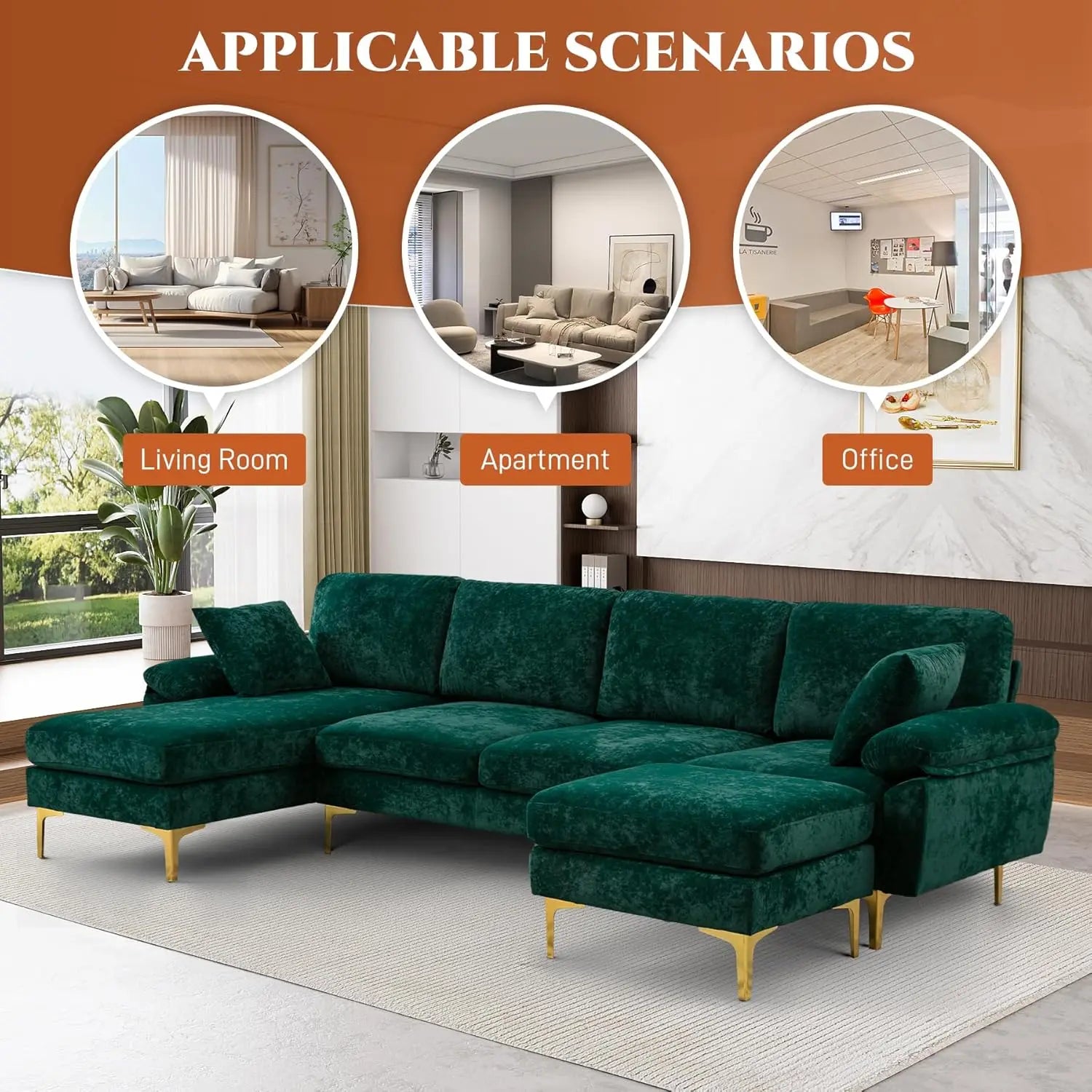 U-Shaped Sectional Sofa Couch, 4 Seat Sofa Set for Living Room, Convertible L-Shaped Velvet Couch Set with Chaise Lounge