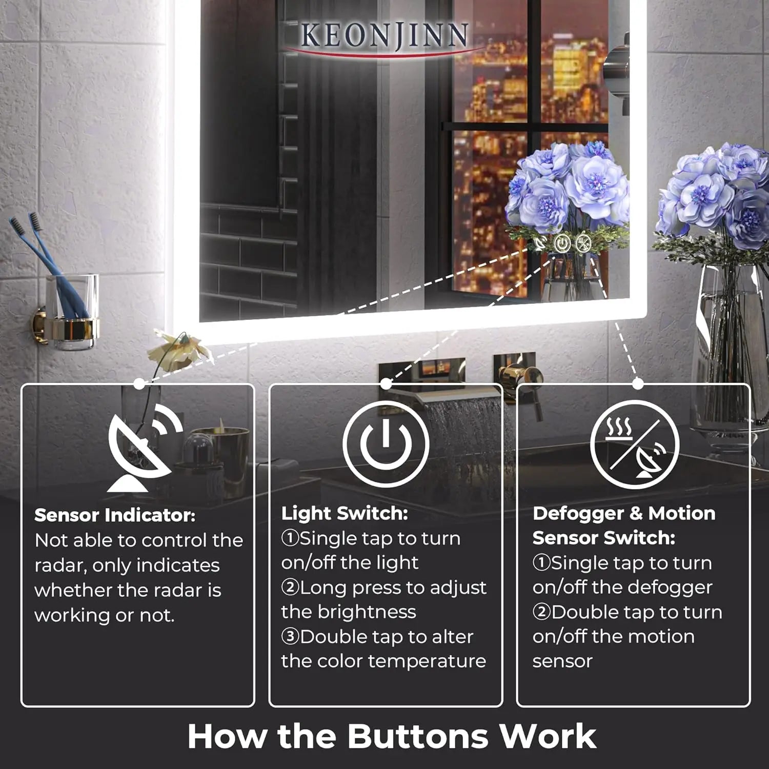 60 x 36 LED Bathroom Mirror with Lights Acrylic Sensor Smart Mirror Frontlit & Backlit 3 Color Temperature Anti Fog Large