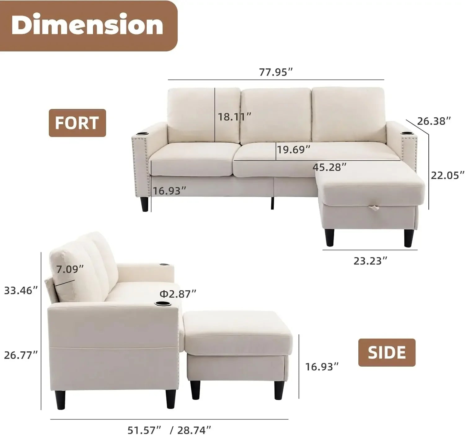 Convertible Sectional Couches for Living Room, L-Shaped Couch 3 Seats Sofas with Storage Chaise & 2 Cup Holders