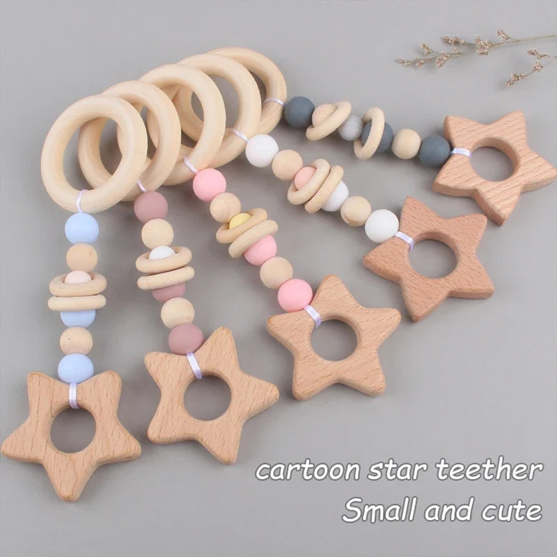 3/4 Pcs Baby Gym Frame Beech Wood Ring Baby Fitness Rack Pendants Silicone Beads Teether Newborn Stroller Rattle Play Gym Toys