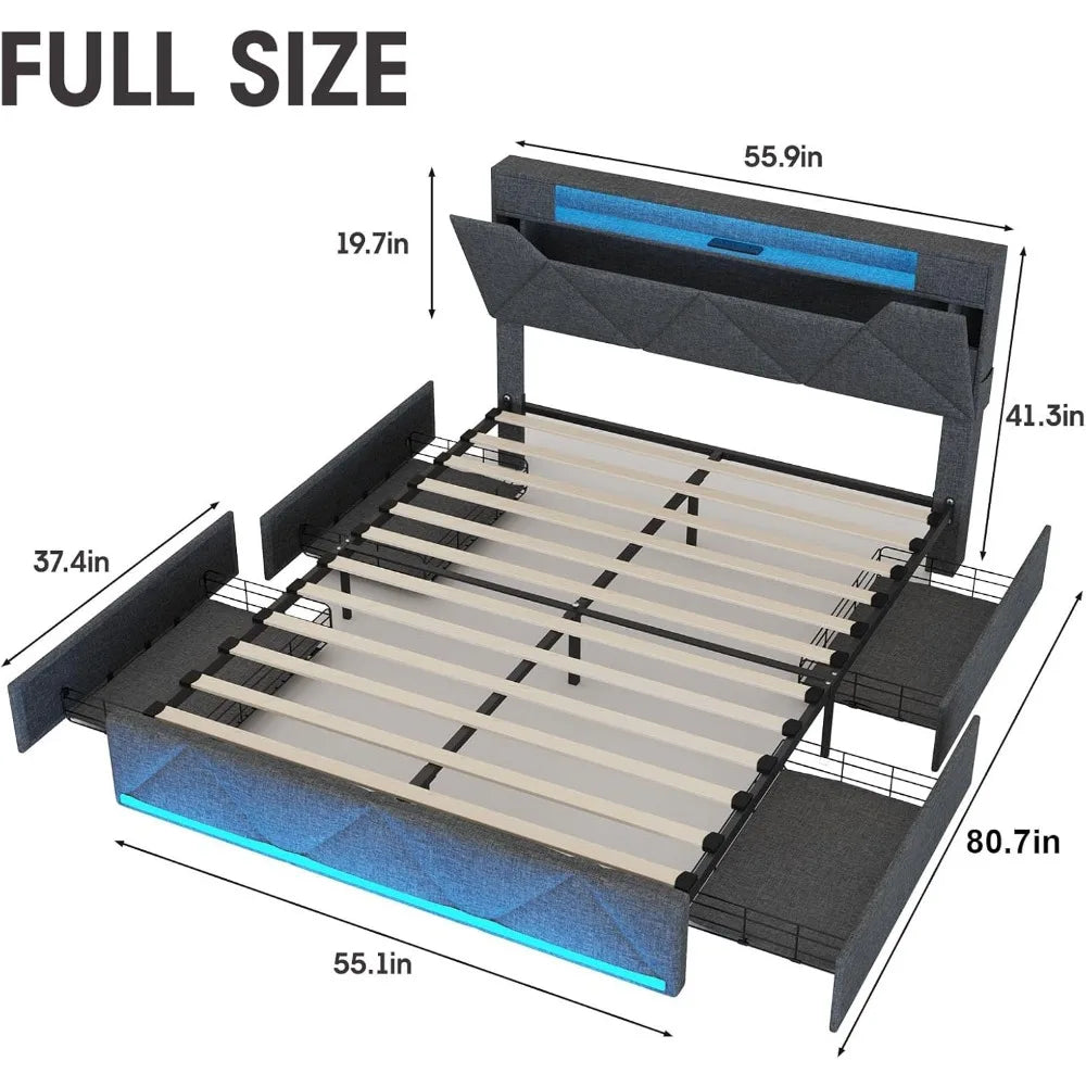 Queen Bed Frame with Storage Headboard and 4 Drawers,Upholstered Platform with Charging Station and Led Adjustable Headboard