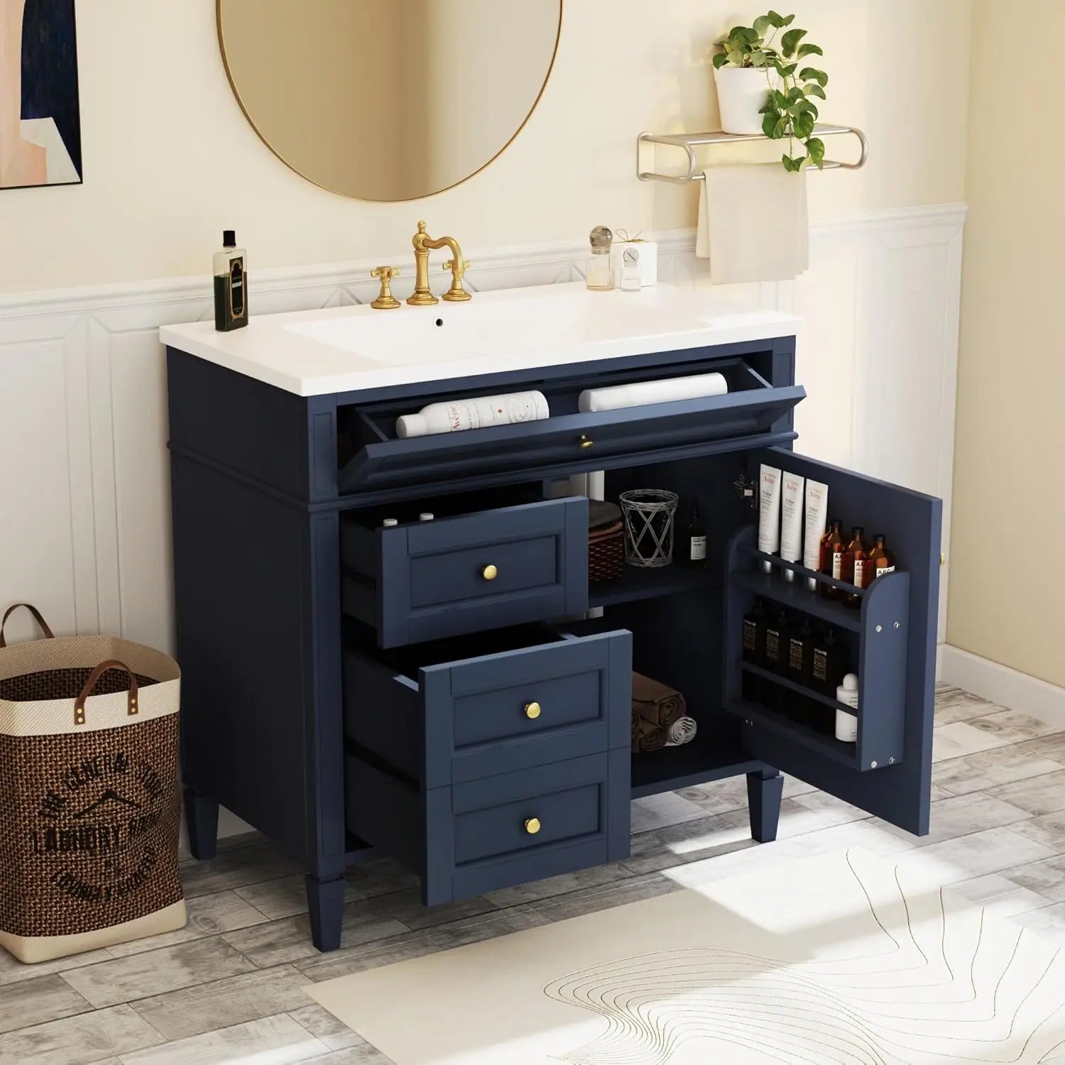 bathroom organizers, Bathroom Vanity with Sink, Modern Bathroom Cabinet with Drawers and Tip Out Drawer, Freestanding Bathroom V