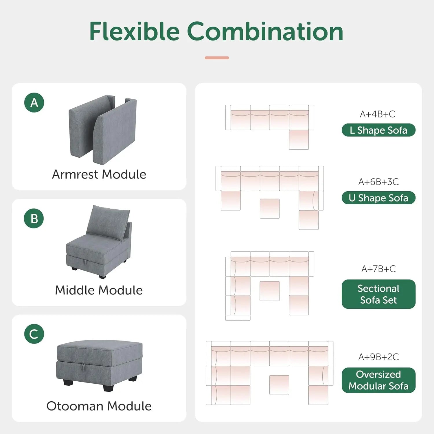 Couch, U-Shaped Modular Sectional Sofa, Sectional Couch with Storage Seats U Shape Sofa-2, Bluish Grey Sofa