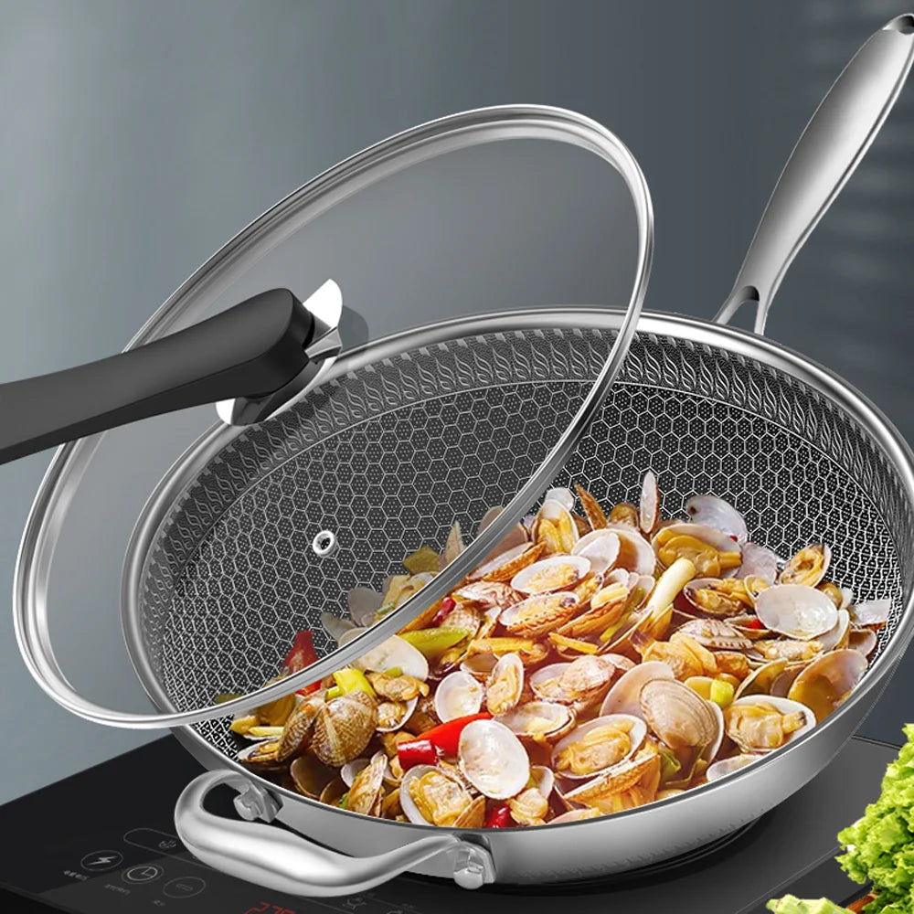 Stainless Steel Non Stick Double Sided Screen Honeycomb Wok Frying Pan Kitchen Chinese Cast Cooking Fry Pan 34cm