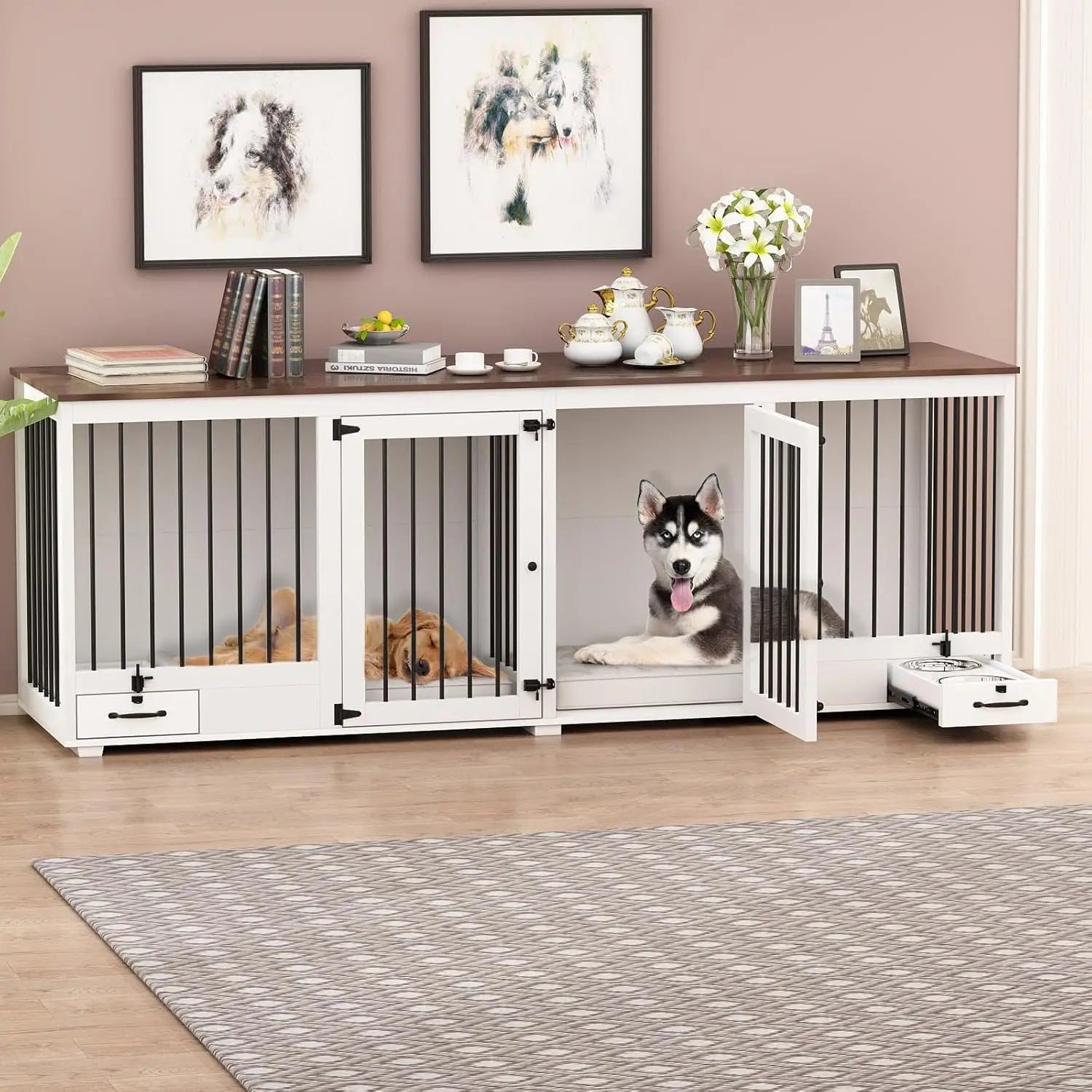 Dog Crate, Heavy Duty Kennel with Pet Bowl Drawers & Divider, Indoor Furniture Style Pet Kennel for Large Medium Dogs, Dog Crate