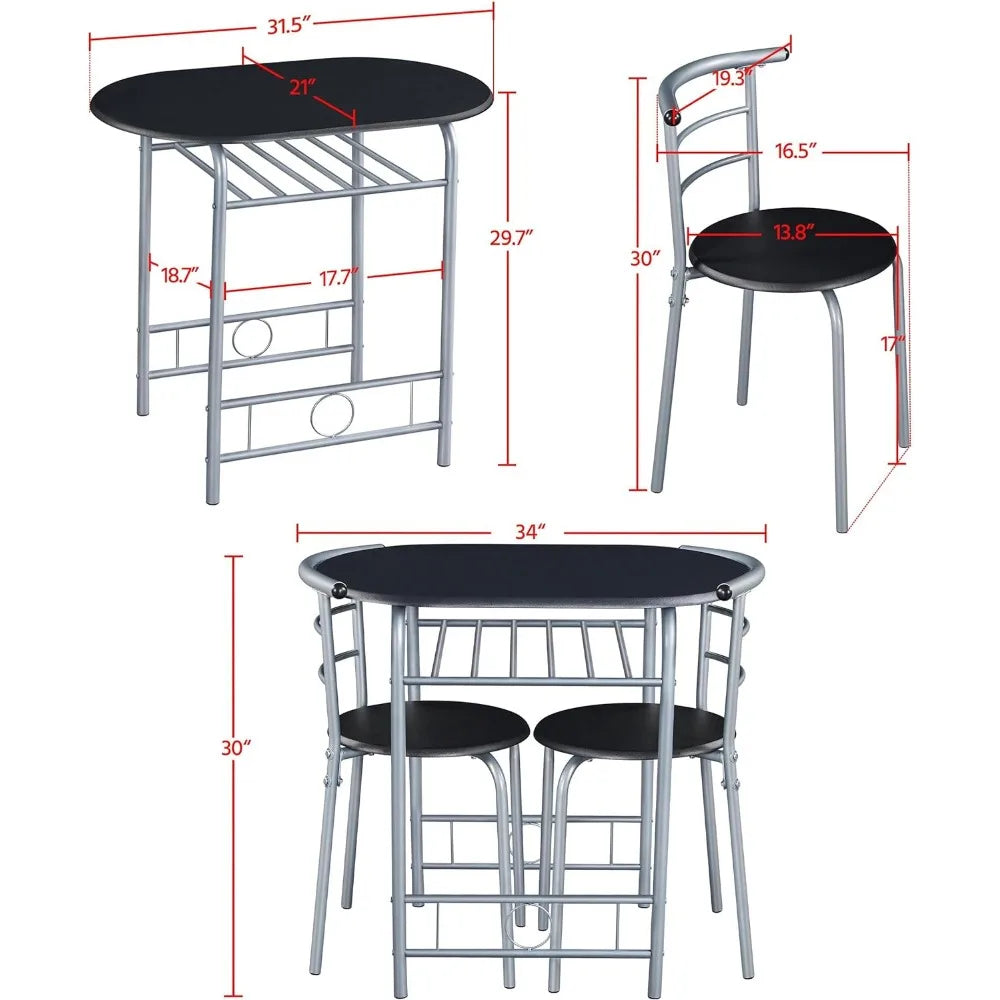 3-Piece Dining Room Table Set, Kitchen Table & Chair Sets for 2,Compact Table Set w/Steel Legs,for  Apartment, Black,31.5x21x29