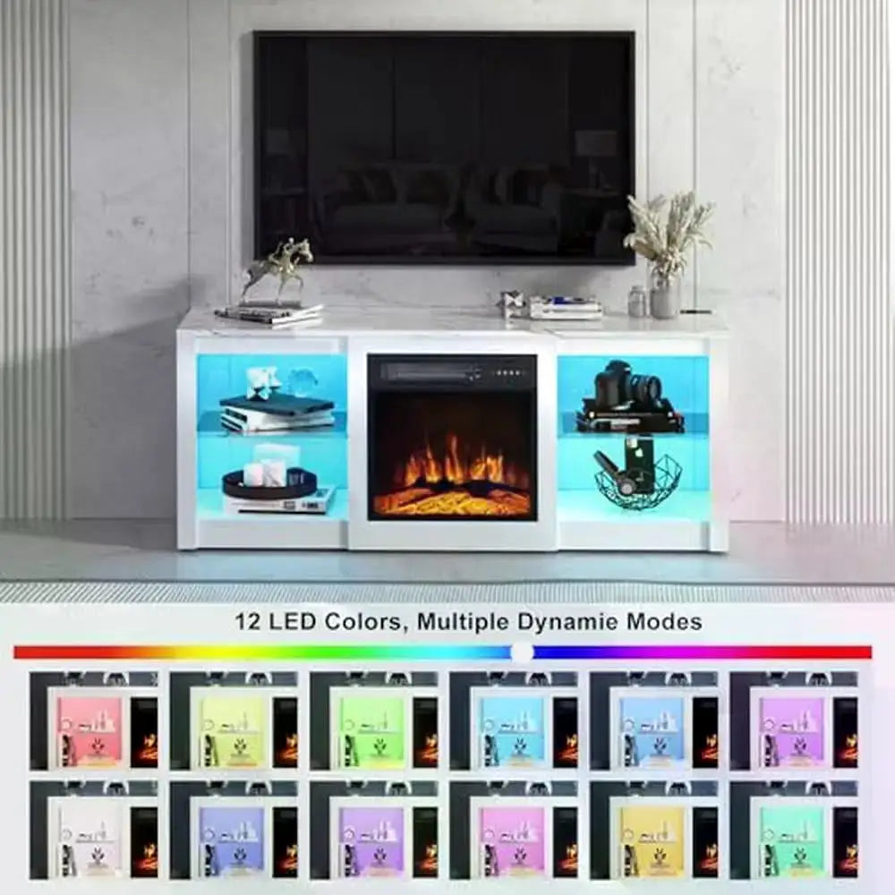 58" TV Stand Electric Fireplace Entertainment Center Glass Shelves USB Ports Adjustable Living Room Console Wood Matte Marble