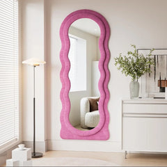 Wavy Mirror Full Length, 63"x24" Irregular Wave Floor Mirror, Full Length Wall Mirror with Flannel Frame(Pink) Home Decor