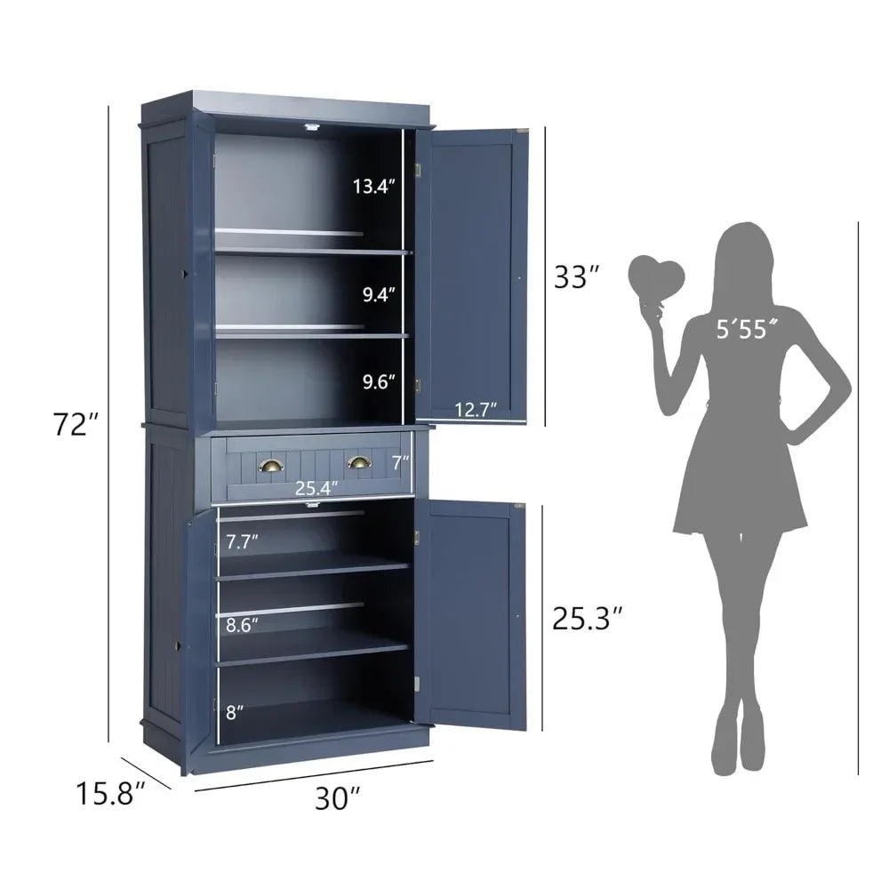 72" Kitchen Pantry Storage Cabinet, Freestanding Cupboard with 2 Cabinets, Drawer and Adjustable Shelves, Tall Storage Cabinet