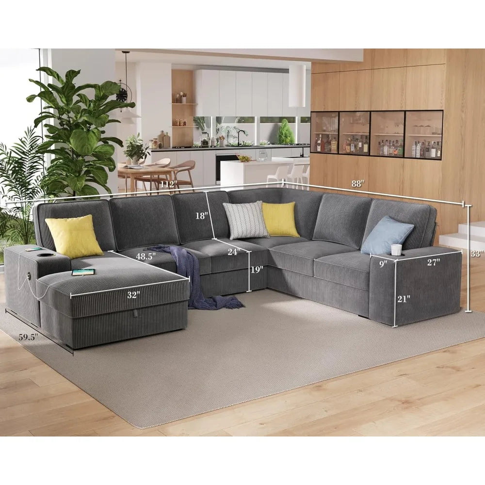 Oversized Sofa, 112 inch U Shaped Sofa with USB ports, Sectional Sofa Couch with Storage Chaise, Corduroy Grey