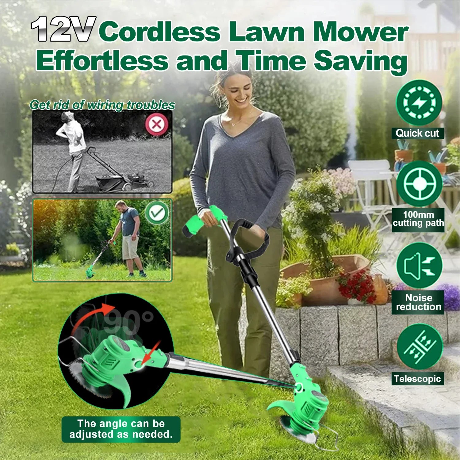 Cordless Lawn Mower Handheld Electric Grass Trimmer Adjustable Garden Tools For Tegatok Battery