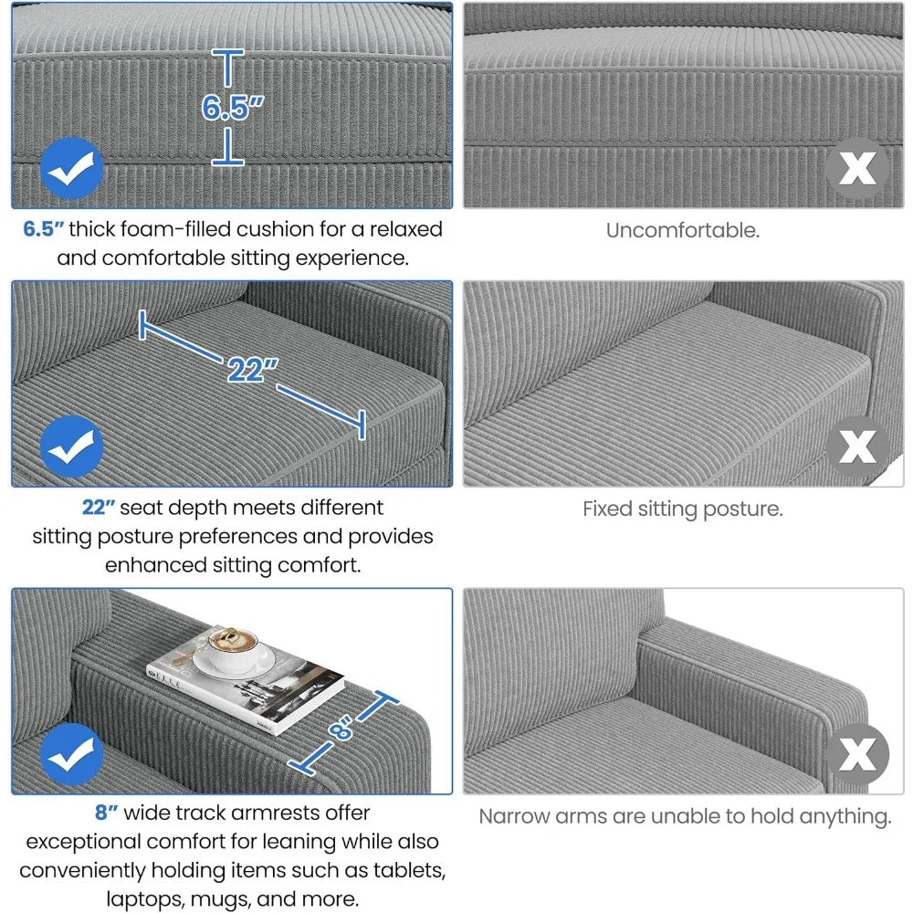 Modern Sofa Couch Corduroy Fabric Sofa with USB Charging Ports & Side Storage Pockets for Living Room Apartment