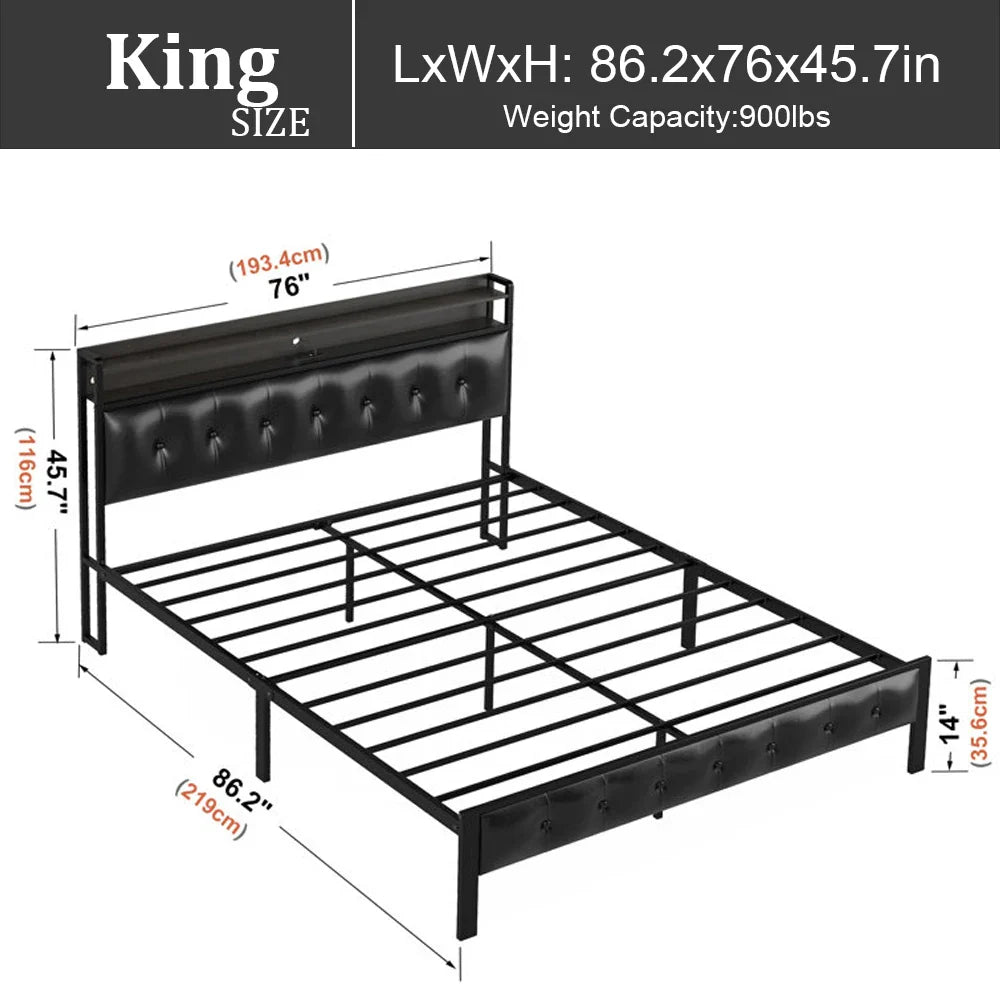 Bed Frame with Charging Station And RGB LED Lights, Platform Bed with Upholstered Headboard And Storage Shelf, Full Queen King S