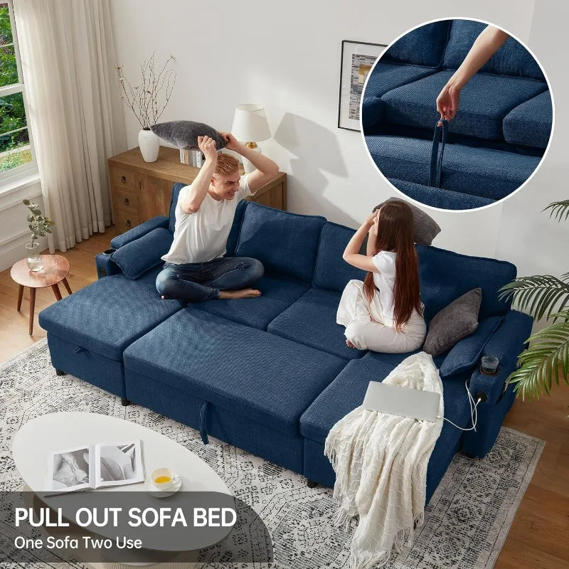 DURASPACE Sofa Bed Pull Out Couch Sleeper with Storage Chaise, with USB Charging Ports, Cup Holder