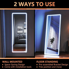 Full Length Mirror, 65"x22" Standing Full Body Mirror with Lights, Floor Lighted Mirror, Stand Up Mirror, Wall Mounted