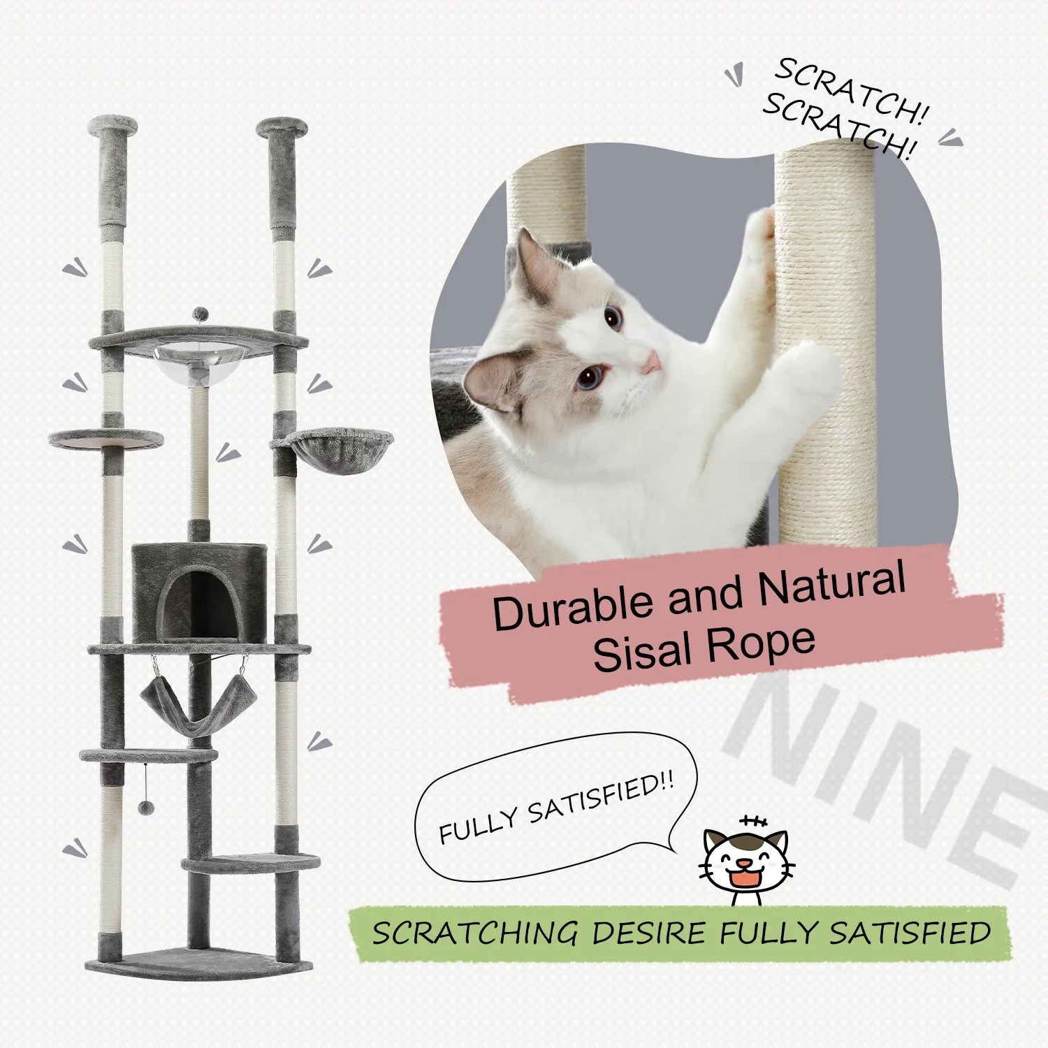 Modern Adjustable Cat Tree Tower 236-258cm Tall Climbing Cat House with Scratch Posts Perches Condo Hammock for Indoor Kittens