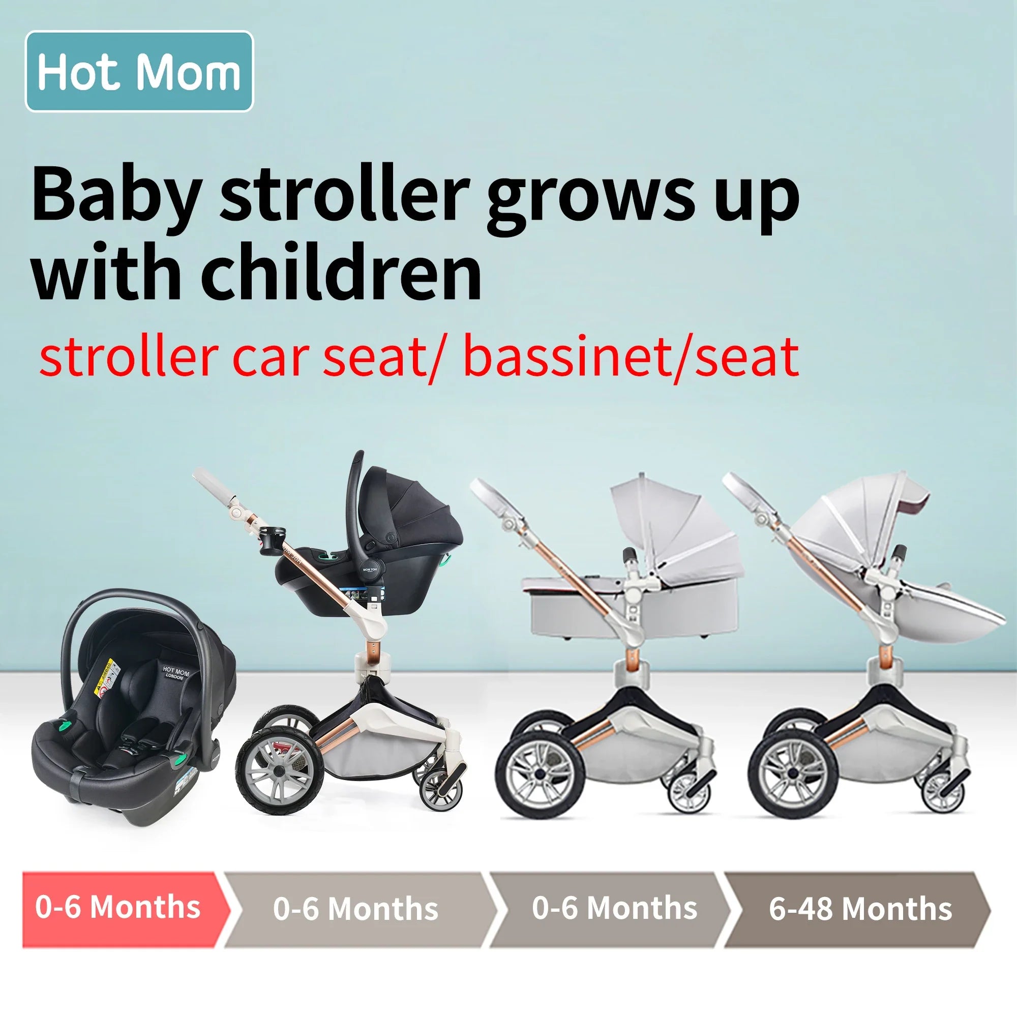 Hot Mom F023 Baby Stroller 2 in 1,Rotates 360 Degrees,PU Leather, Mosquito Net, Rain Cover, Adapter, Cup Holder, large wheels