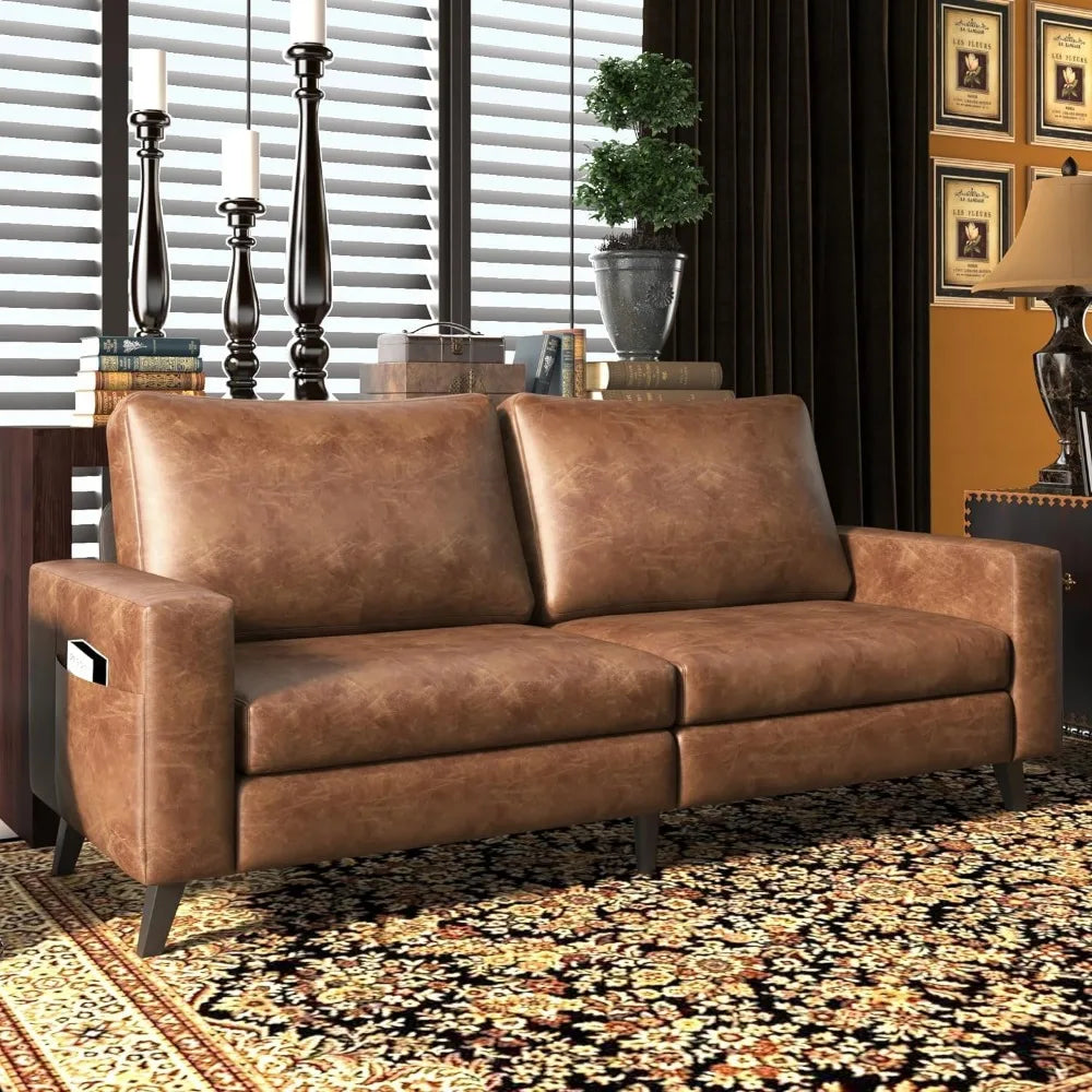 79 Inch Couch for Living Room, Small Couches, Faux Leather Mid Century Modern Sofas, Brown Comfy Love Seat for Bedroom