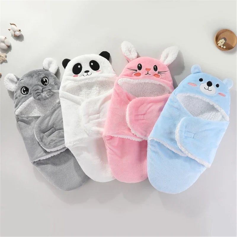 Soft Flannel Winter Warm Baby Swaddle Blanket Thicken Plush Lining Hooded Blanket for 0-6 Months Newborn Envelope Cocoon Blanket