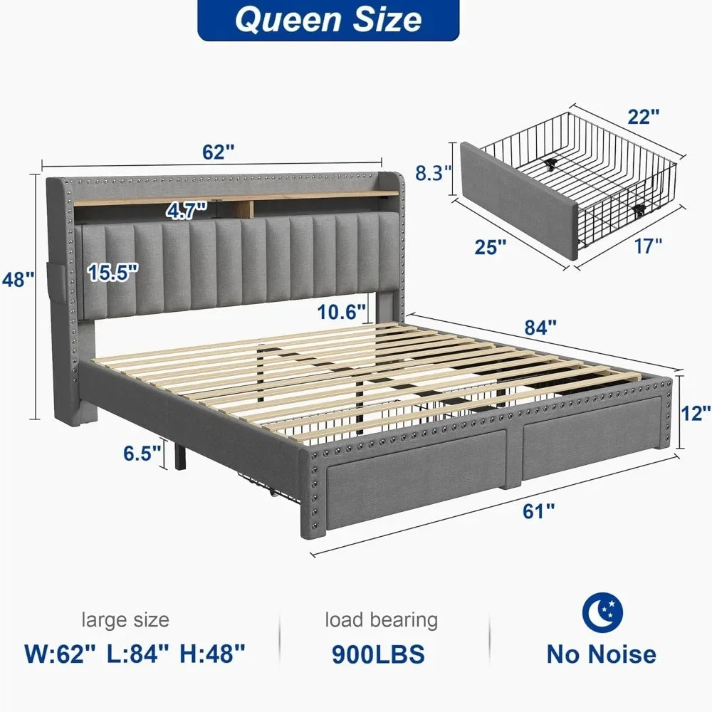 King Size Bed Frame with Storage and Headboard,Upholstered King Bed Frame with Storage & 2 Drawers,NO Noise,No Box Spring Needed