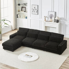 128'' L Shaped Modular Sectional Sofa, Oversized Corduroy Couch with Cup Holders and Charging Port, 4-Seater Sofa with Ottoman