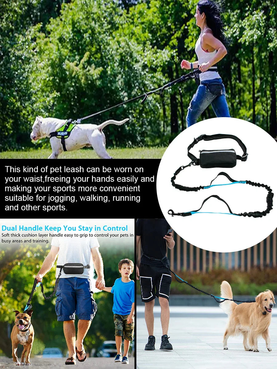 Hands-free dog leash with zipper pocket, anti-tangle double layer dog leash, durable bungee cord for dog walking, jogging, etc.