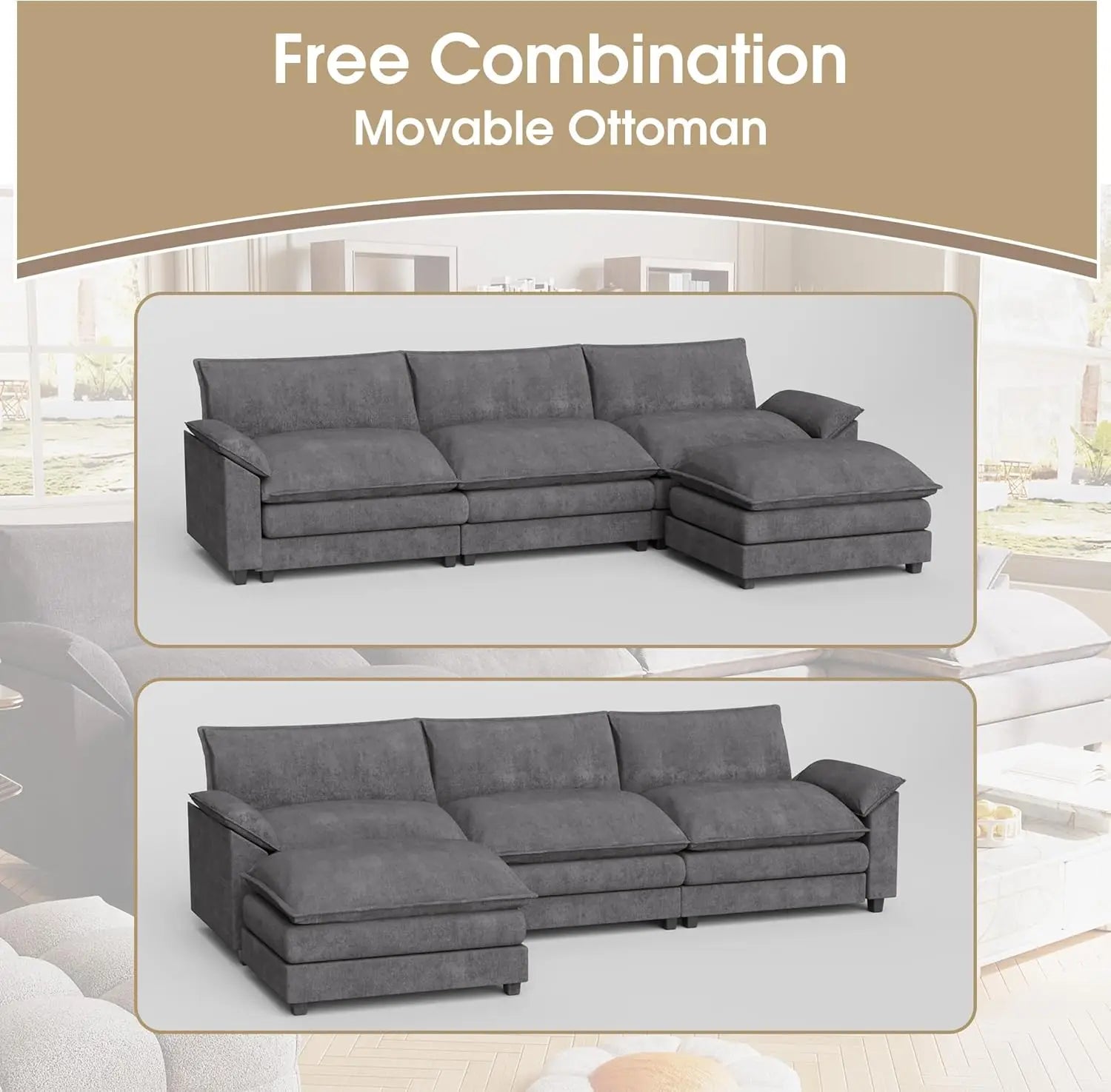 119” Modular Sectional Sofa Couch, Modern Wide Arm L Shaped Couch with Deep Seat and Reversible Ottoman