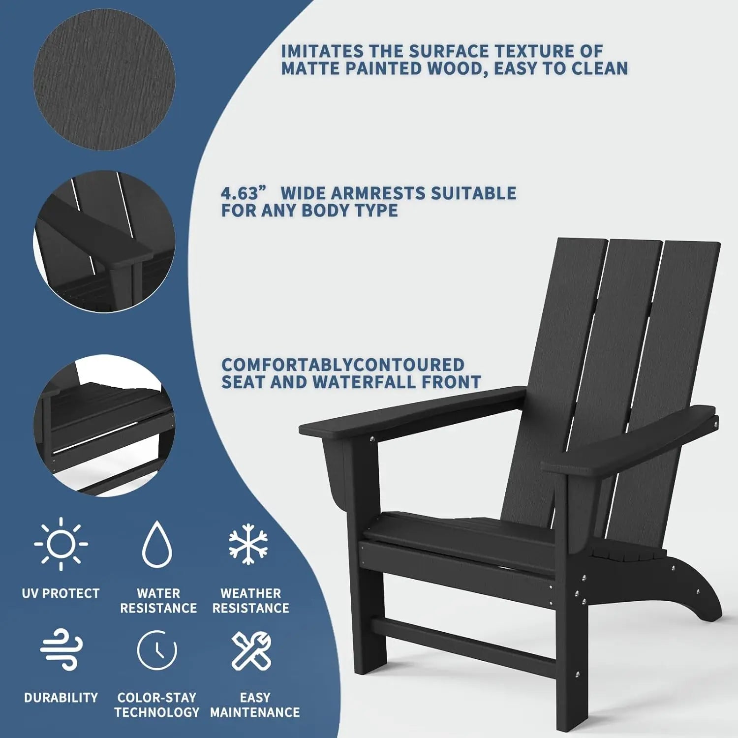 Adirondack Chair Wood Texture, Poly Lumber Patio Chairs, Pre-Assembled Weather Resistant Outdoor Chairs for Pool, Deck