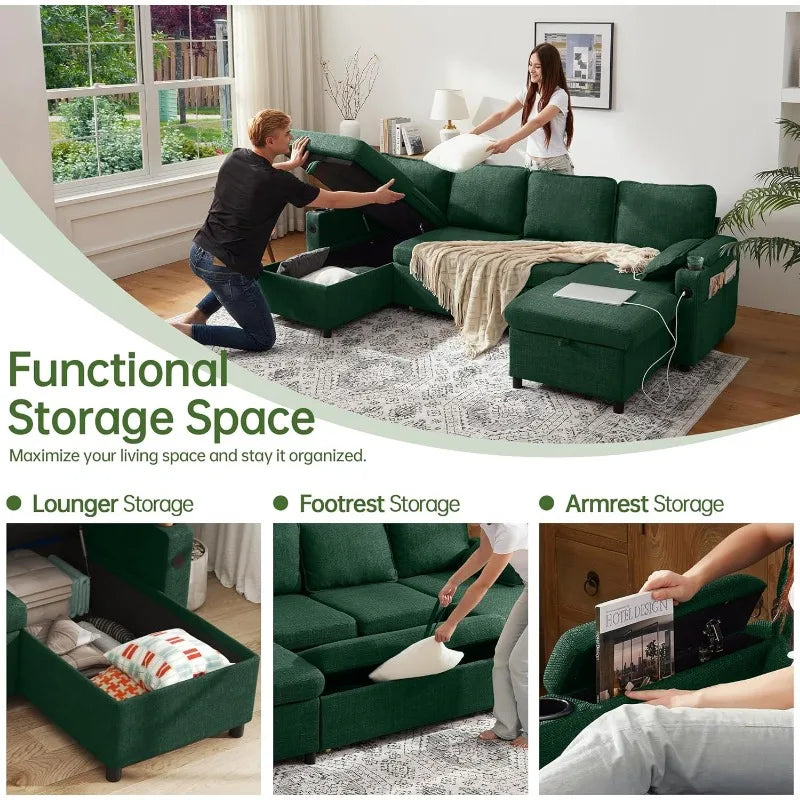 DURASPACE Sofa Bed Pull Out Couch Sleeper with Storage Chaise, with USB Charging Ports, Cup Holder