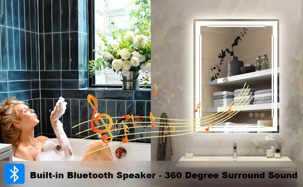 24x32 Lighted Bathroom Mirror with Bluetooth Speaker - Smart LED Makeup Wall Mounted Mirrors - 3 Lights Setting Anti-Fog