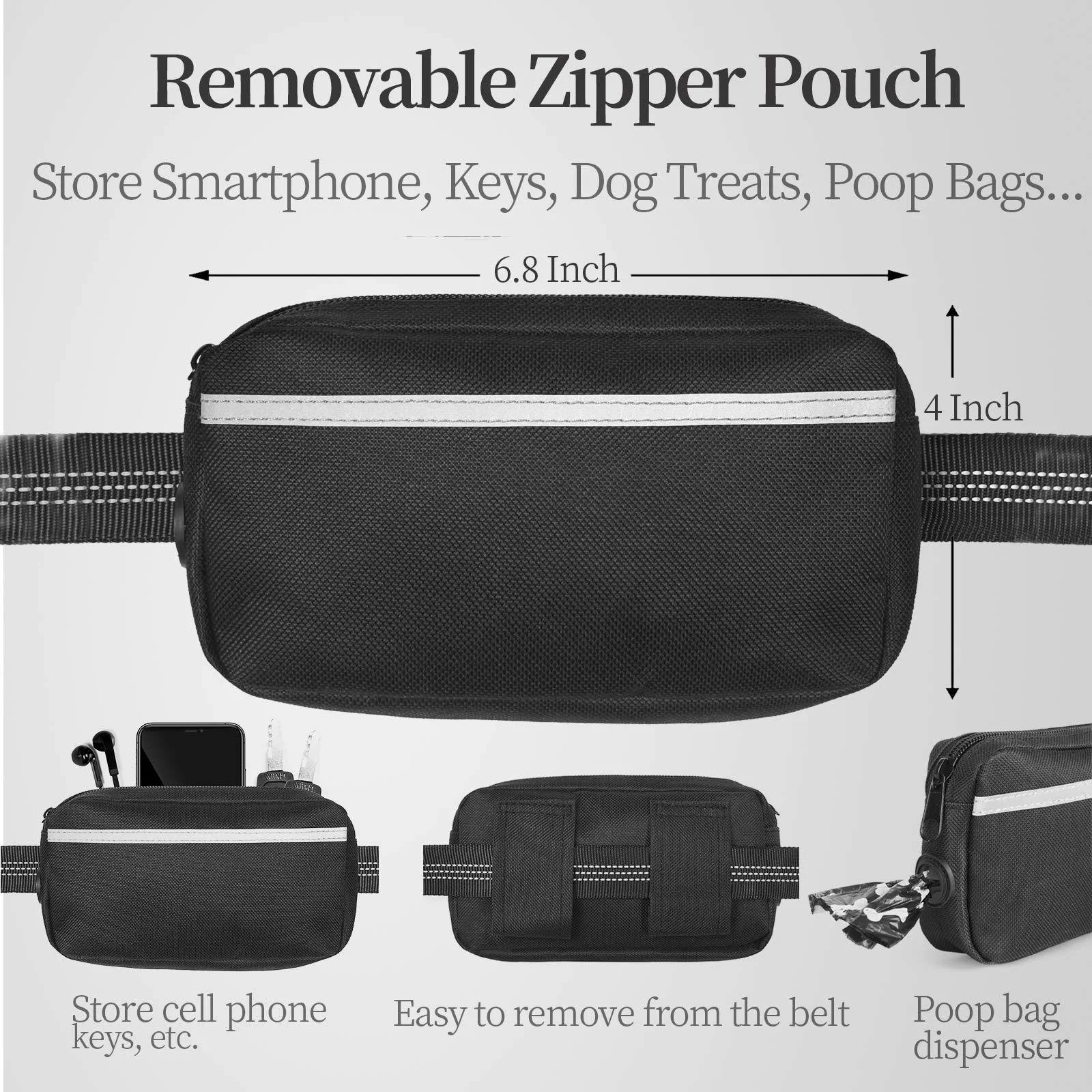 Hands-free dog leash with zipper pocket, anti-tangle double layer dog leash, durable bungee cord for dog walking, jogging, etc.