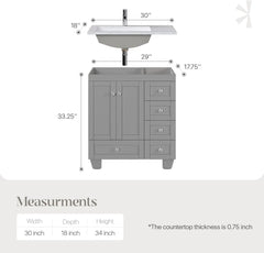 Vanity Freestanding 30 Inch Vanity with Sink and Countertop Modern Bathroom Cabinet with Elegant Gray Finish and Porcelain