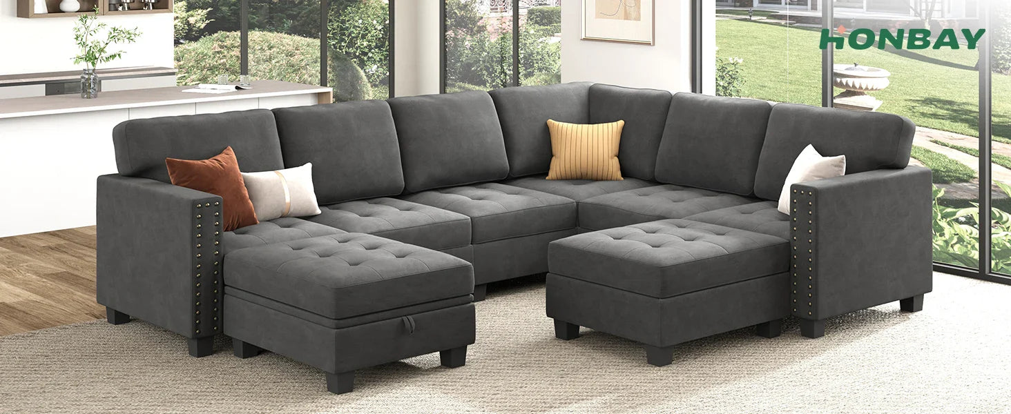 Velvet Modular Sectional Sofa, Convertible L Shaped Sofa Couch with Storage Top Tray Ottoman Corner Couch,Dark Blue