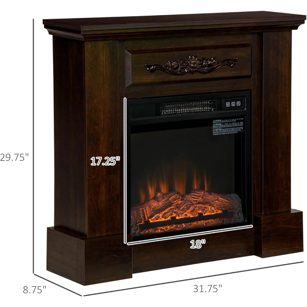 32" Electric Fireplace with Mantel, Freestanding Heater with LED Log Flame, Overheat Protection and Remote Control, 1400W