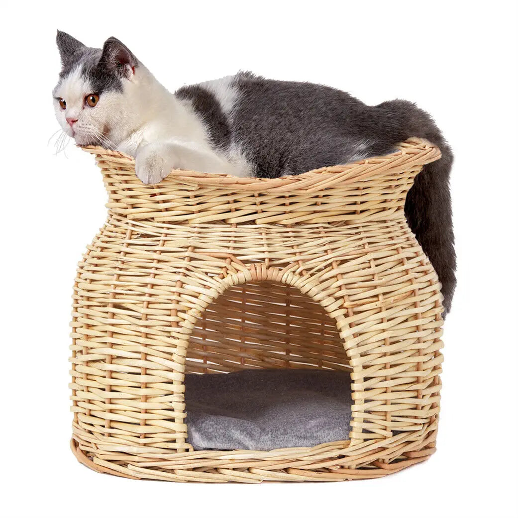 Cat Bed Hand Woven Wicker Bunk Basket 2 Tier Kitten Sleeping Cave Bed Brown and Beige Color with Soft Cushion