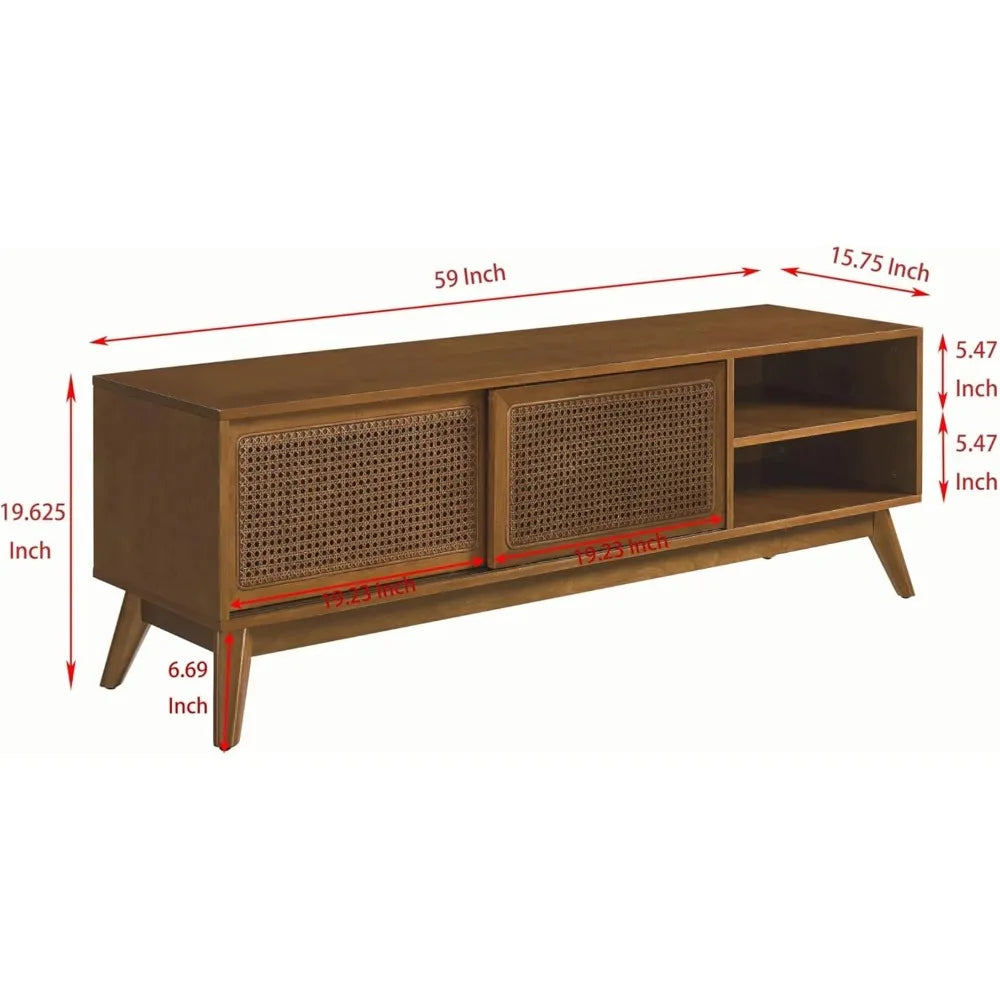 59 Inch Mid Century Modern TV Stand with Rattan Cabinet Doors