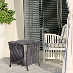 Outdoor Patio Side Table Set of 2 Small Brown Wicker Rattan End Table for Outside Storage Coffee Table with Poly LumberTableTop