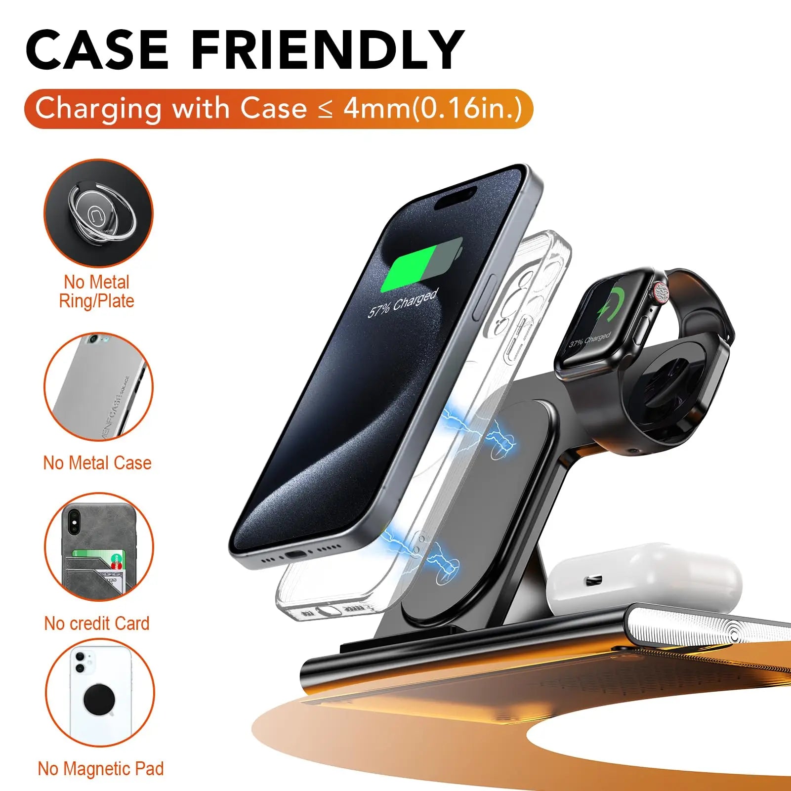 Wireless Charger Station, 4 in 1 Foldable 15W Fast Charging Wireless Charging Station with Night Light for iPhone iPods iWatch