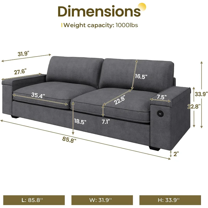 Modern Sofas Couches for Living Room, Comfy Couch with Extra Deep Seats, Oversized Loveseat Sofa with Storage and 2 USB C