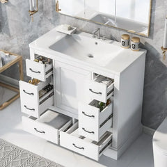 36" Bathroom Vanity with Sink ,6 Drawers & One Cabinet with Adjustable Shelf, Bathroom Cabinet with Ceramic Basin for Bathroom