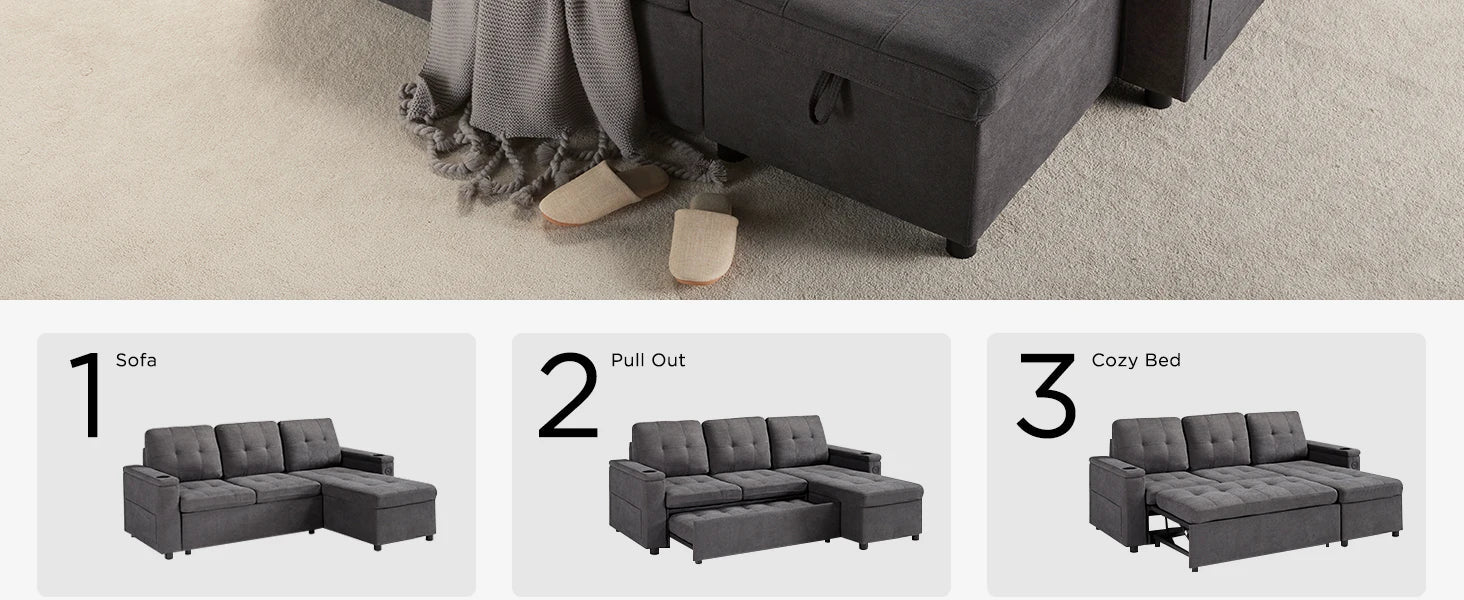 Sofa Bed, Sleeper Sofa with USB Charging Ports, L-Shaped Couch with Storage, Pull Out Couch for Living Room, Grey Linen