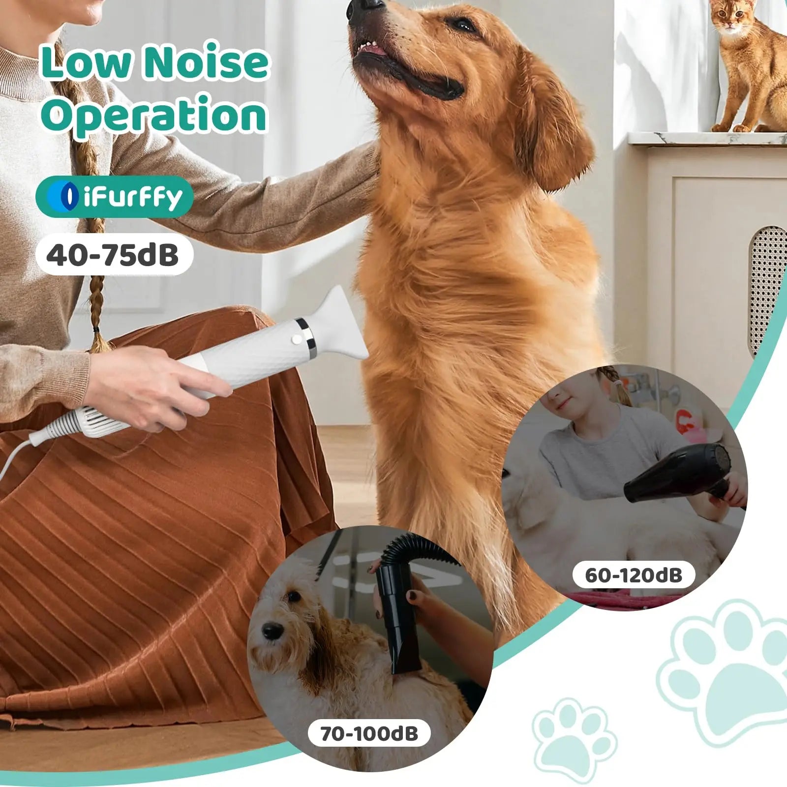 Dog Hair Dryer 5 in 1 Portable Handheld Dog Hair Dryer Smart Temperature Adjustment Grooming Brush Travel Home Pet Hair Dryer