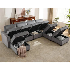 110" Modular Sectional Sofa with Storage, 6 Seat Convertible Couches for Living Room, Velvet U Shaped Sofa Bed Couch, Grey