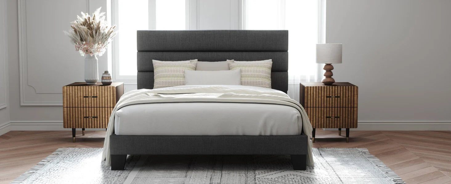 Allewie Queen Size Platform Bed Frame with Fabric Headboard and Wooden Slats Support,Fully Upholstered Mattress Foun