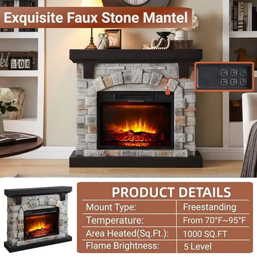 40" Electric Fireplace Mantel with Faux Stone Finish LED Flame Freestanding Heater Living Room Cozy Atmosphere Secure Setup